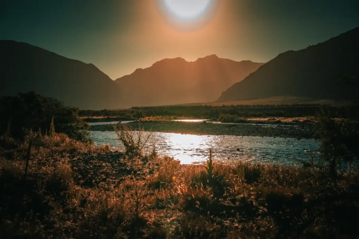 Sunset over a trout river in northern Patagonia, Argentina
