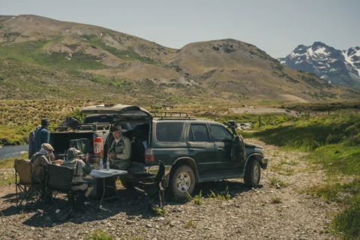 Lunch set up beside the truck on a mountain track in Patagonia