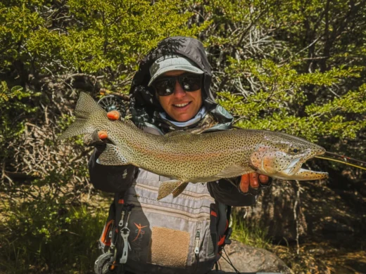 Angler with a trophy rainbow trout in northern Patagonia