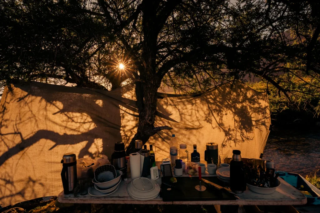 Camp dinner table set under a tree at night, Patagonia safari